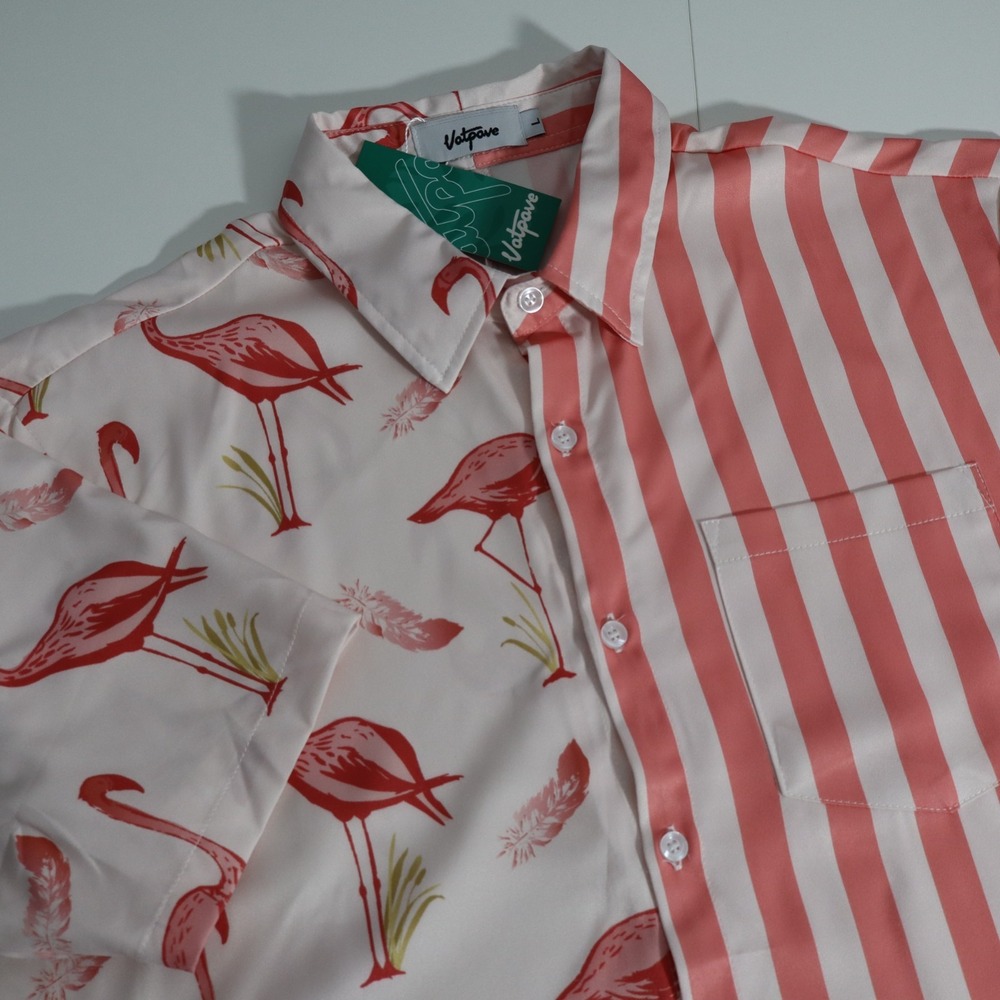 Vatpave Shirt Men's White Pink Hawaiian Flamingos Stripes Button Casual SZ L